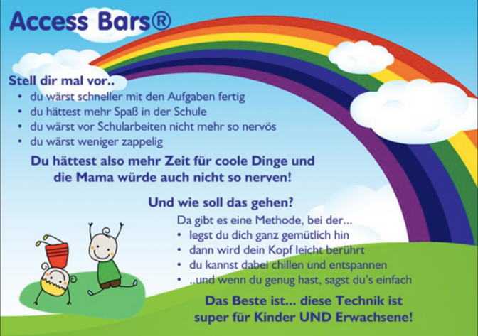 Ein Plakat zeigt die Wirkungsweise der Access Bars bei Kindern