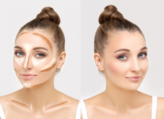 Im Gesicht einer Frau wurde die Contouring-Technik angewandt