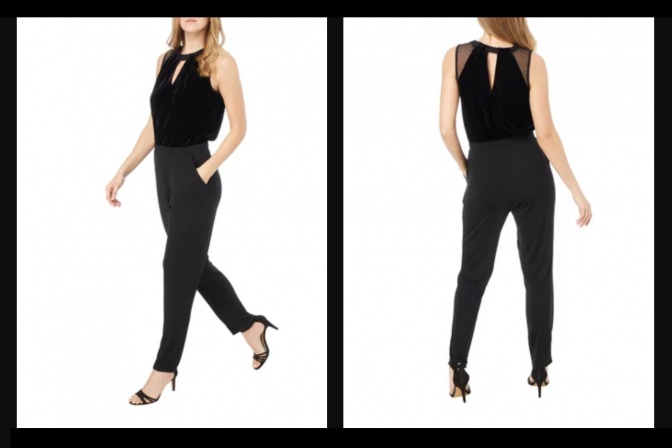 Ein Jumpsuit ist von vorne und hinten zu sehen