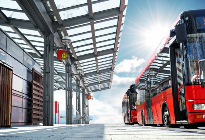 Bus an einer Haltestelle als nachhaltiges Verkehrsmittel