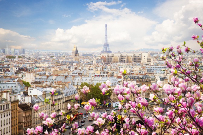 Die Skyline von Paris mit einem blühenden Baum als Reiseziel im April