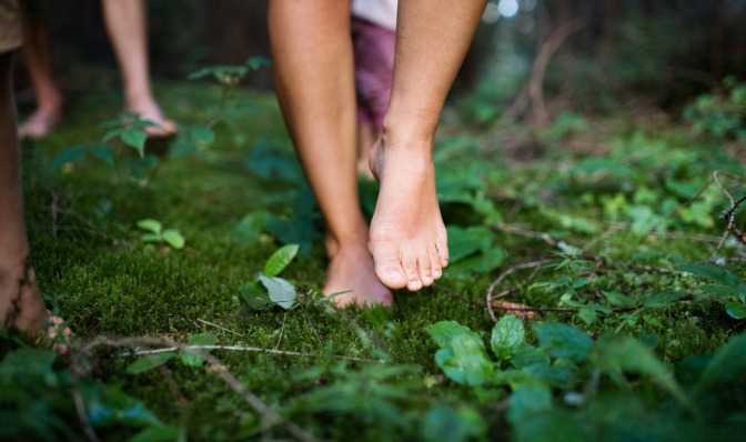 Kinder gehen barfuß durch Wald als Übung beim Waldbaden