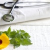 Ein Stetoskop und ein Arztkittel von Naturheiltherapeuten liegen neben einer Blume