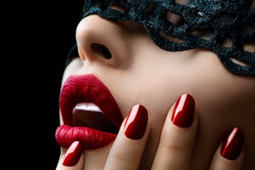 Eine Frau mit dunklem Haar trägt einen roten Lippenstift und klassische rot lackierte Fingernägel